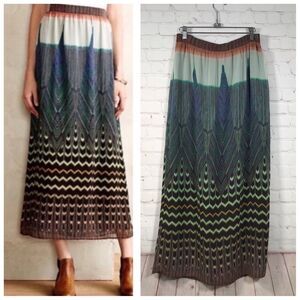Anthropologie Maeve Maxi Skirt Black Motif Peacock Chevron Chiffon Womans Medium